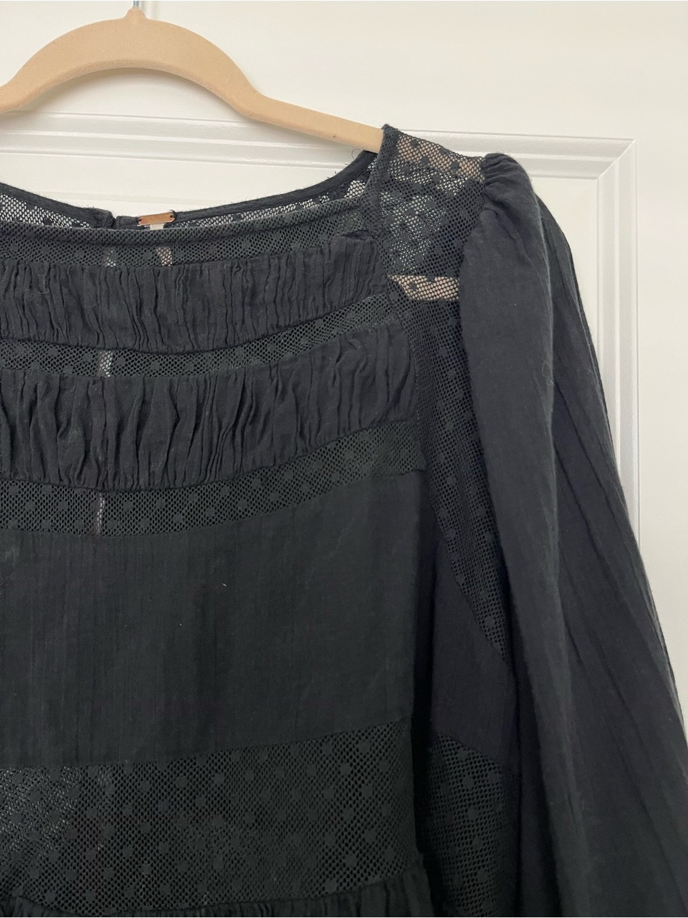 Free People Black Lace-Textured Peasant Top